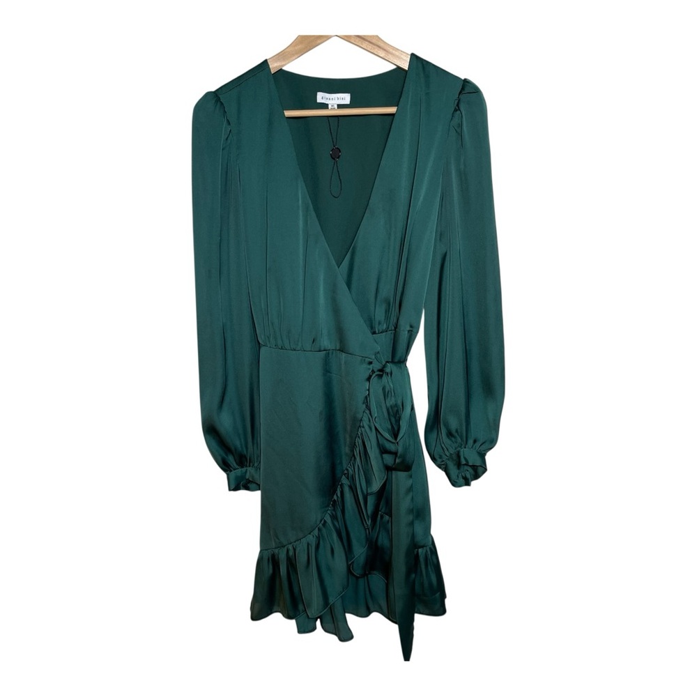 Gianni Bini Emerald Green Satin Wrap Dress Ruffle Hem Holiday Party XS NWT
